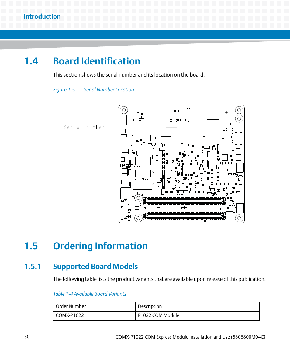 4 board identification, 5 ordering information, 1 supported board models | 4 board identification 1.5 ordering information, Table 1-4, Available board variants, Figure 1-5, Serial number location | Artesyn COMX-P1022 Installation and Use (July 2014) User Manual | Page 30 / 84