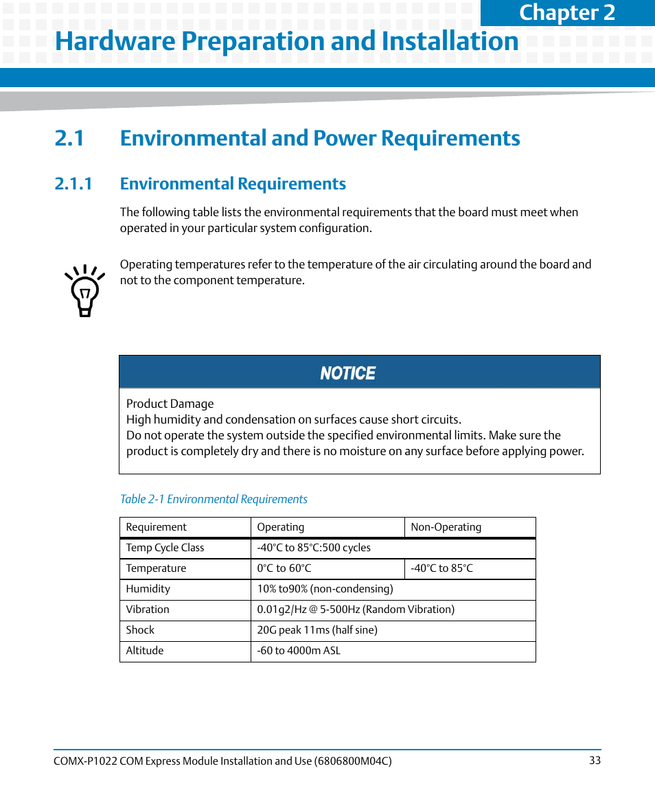 Hardware preparation and installation, 1 environmental and power requirements, 1 environmental requirements | Table 2-1, Environmental requirements, Outline, Chapter 2 | Artesyn COMX-P1022 Installation and Use (July 2014) User Manual | Page 33 / 84