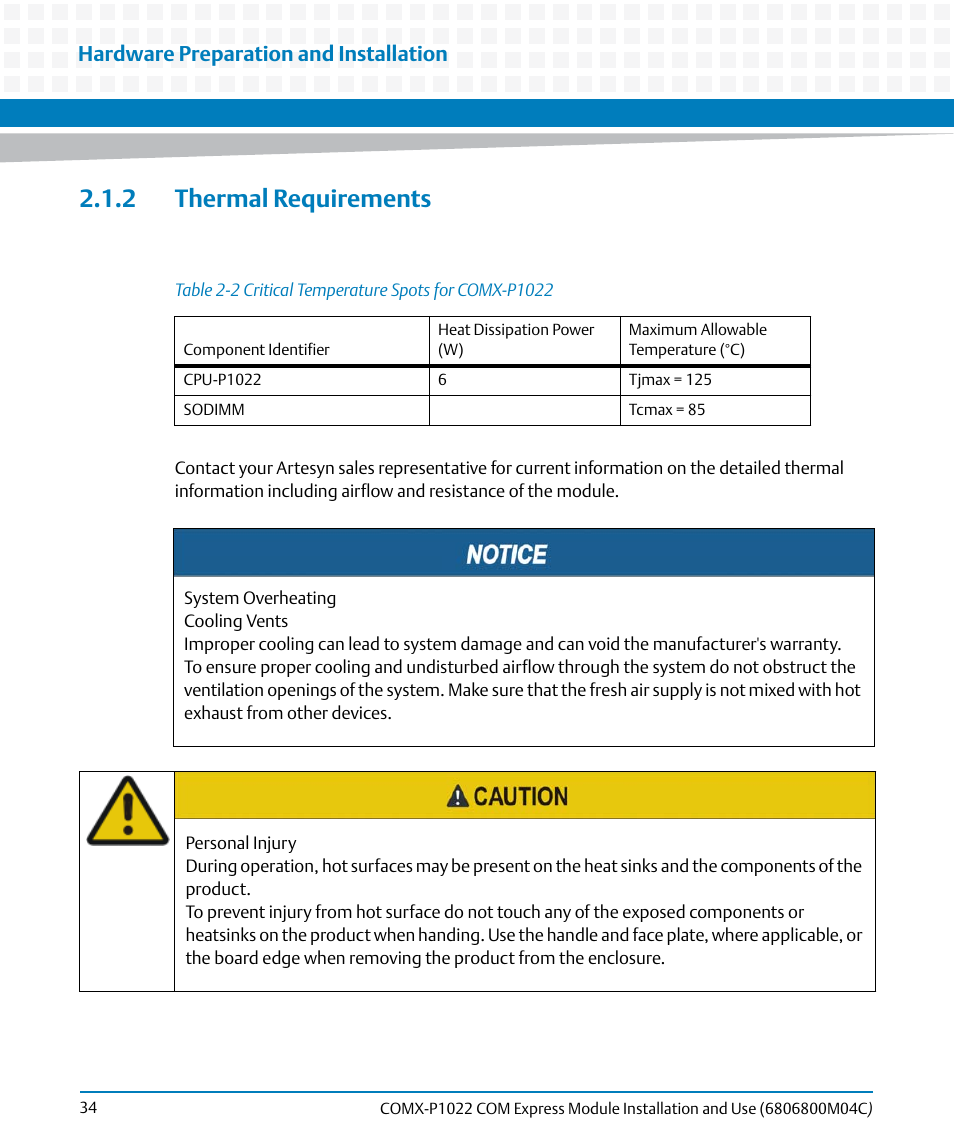 2 thermal requirements, Table 2-2, Critical temperature spots for comx-p1022 | Hardware preparation and installation | Artesyn COMX-P1022 Installation and Use (July 2014) User Manual | Page 34 / 84