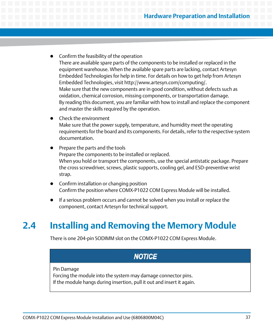 4 installing and removing the memory module | Artesyn COMX-P1022 Installation and Use (July 2014) User Manual | Page 37 / 84