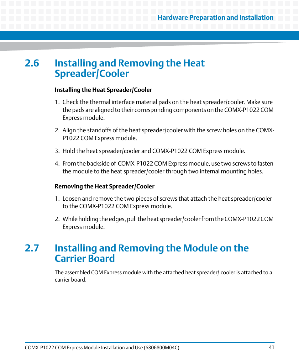 6 installing and removing the heat spreader/cooler | Artesyn COMX-P1022 Installation and Use (July 2014) User Manual | Page 41 / 84