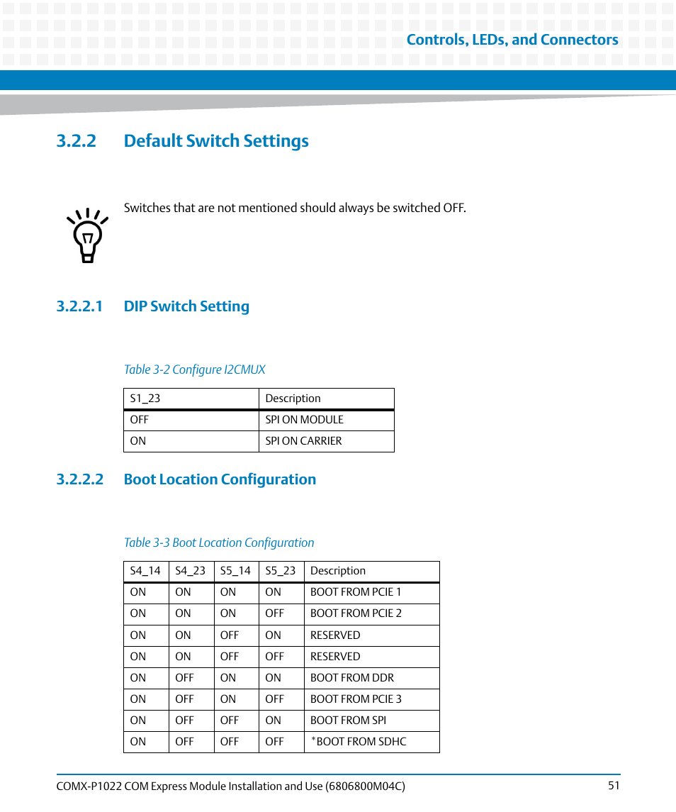 2 default switch settings, 1 dip switch setting, 2 boot location configuration | Table 3-2, Configure i2cmux, Table 3-3, Boot location configuration, Controls, leds, and connectors | Artesyn COMX-P1022 Installation and Use (July 2014) User Manual | Page 51 / 84