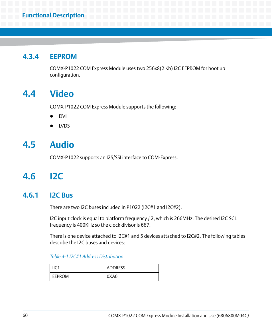 4 eeprom, 4 video, 5 audio | 6 i2c, 1 i2c bus, 4 video 4.5 audio 4.6 i2c, Table 4-1, I2c#1 address distribution | Artesyn COMX-P1022 Installation and Use (July 2014) User Manual | Page 60 / 84