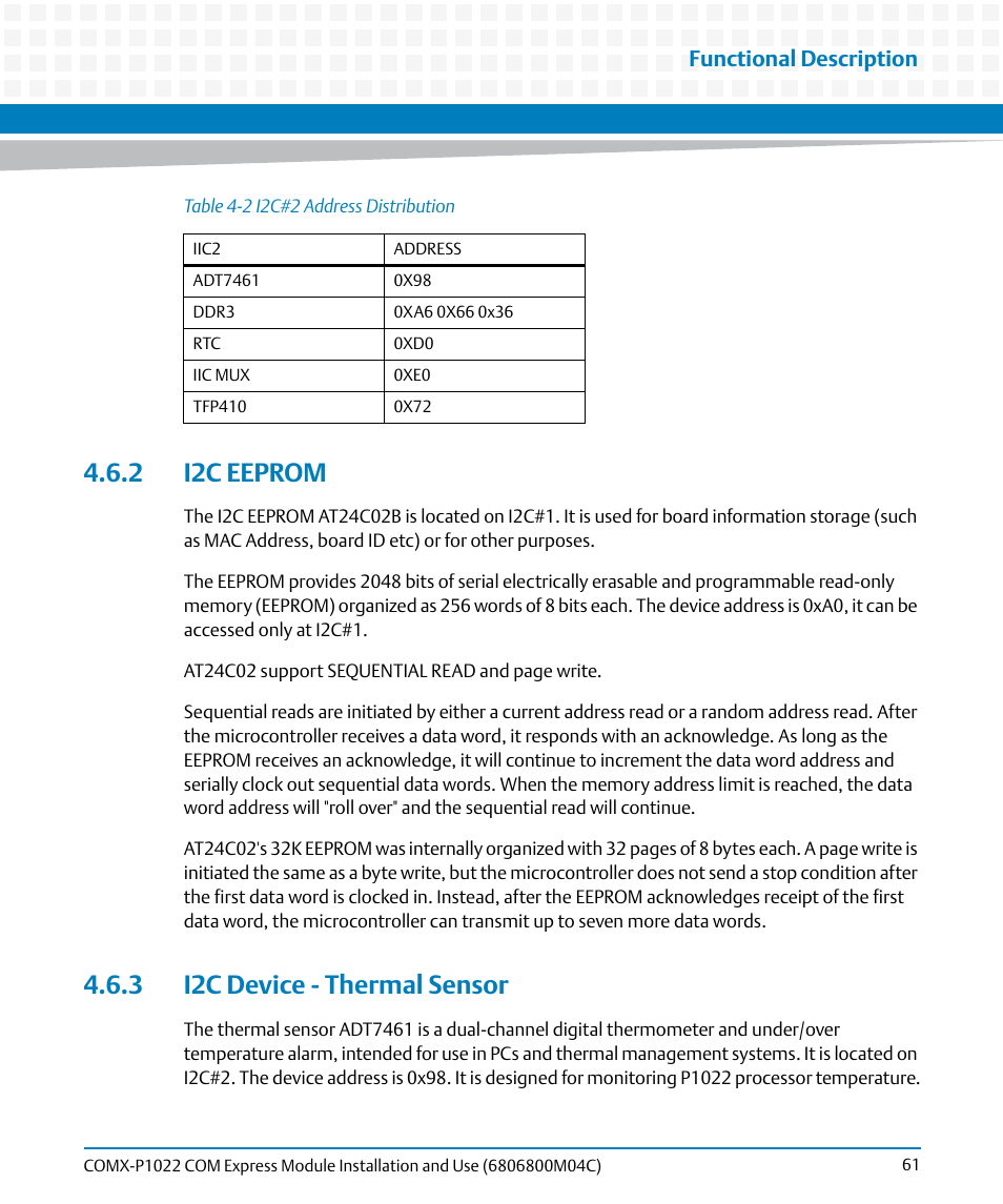 2 i2c eeprom, 3 i2c device - thermal sensor, 2 i2c eeprom 4.6.3 i2c device - thermal sensor | Table 4-2, I2c#2 address distribution, Functional description | Artesyn COMX-P1022 Installation and Use (July 2014) User Manual | Page 61 / 84