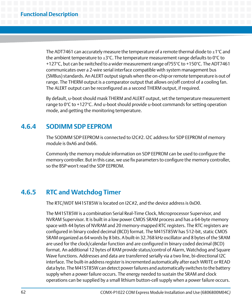 4 sodimm sdp eeprom, 5 rtc and watchdog timer, 4 sodimm sdp eeprom 4.6.5 rtc and watchdog timer | Artesyn COMX-P1022 Installation and Use (July 2014) User Manual | Page 62 / 84