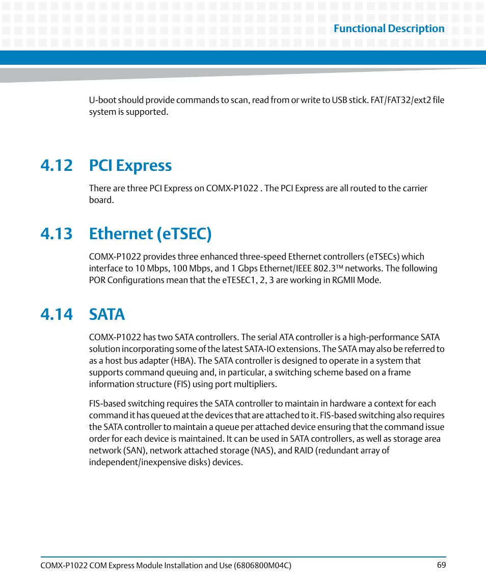 12 pci express, 13 ethernet (etsec), 14 sata | 13 ethernet (etsec) 4.14 sata | Artesyn COMX-P1022 Installation and Use (July 2014) User Manual | Page 69 / 84