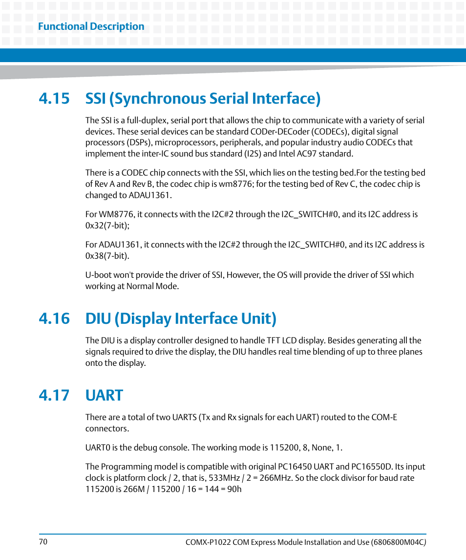 15 ssi (synchronous serial interface), 16 diu (display interface unit), 17 uart | Artesyn COMX-P1022 Installation and Use (July 2014) User Manual | Page 70 / 84