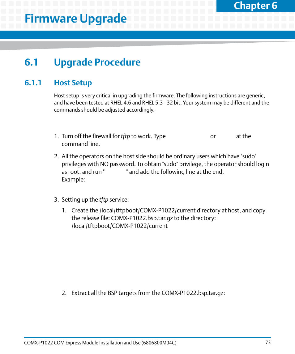 Firmware upgrade, 1 upgrade procedure, 1 host setup | Chapter 6 | Artesyn COMX-P1022 Installation and Use (July 2014) User Manual | Page 73 / 84