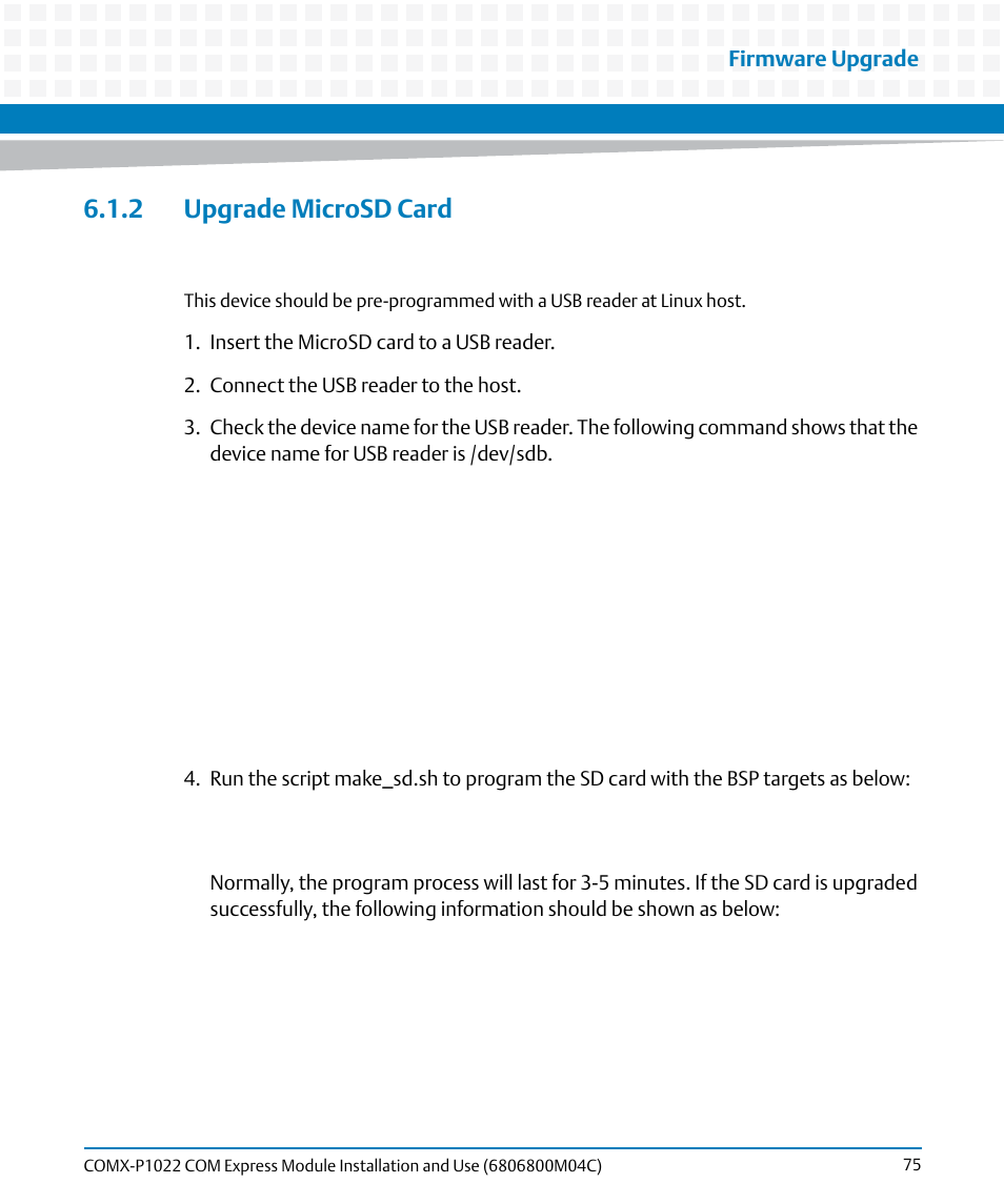 2 upgrade microsd card, Firmware upgrade | Artesyn COMX-P1022 Installation and Use (July 2014) User Manual | Page 75 / 84