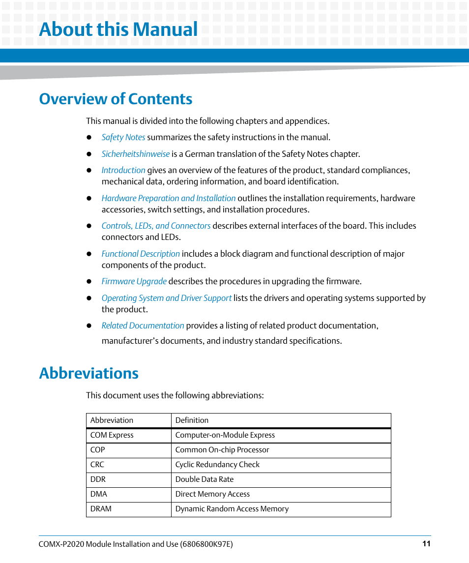 About this manual, Overview of contents, Abbreviations | Artesyn COMX-P2020 Installation and Use (February 2015) User Manual | Page 11 / 100