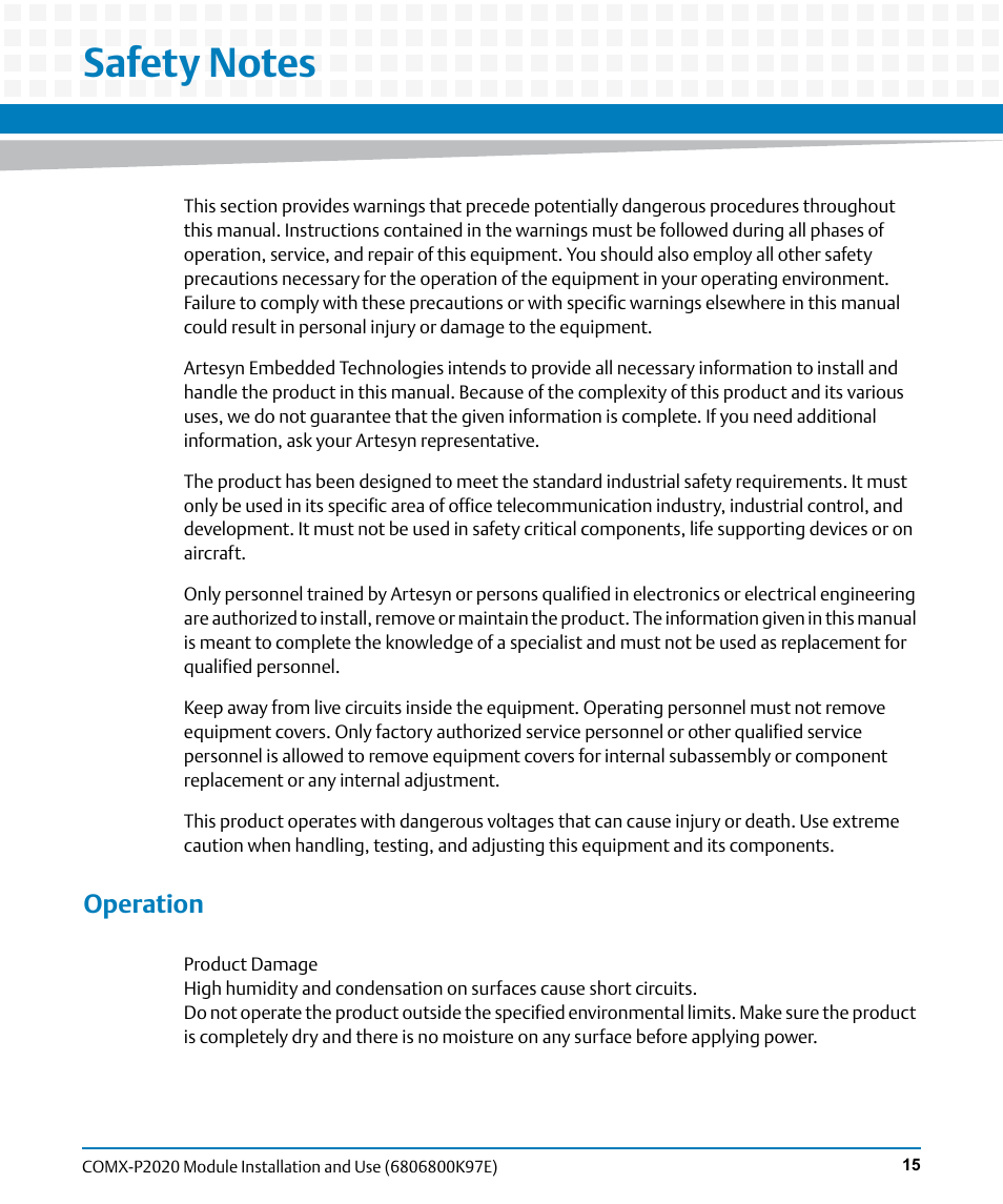 Safety notes, Operation | Artesyn COMX-P2020 Installation and Use (February 2015) User Manual | Page 15 / 100