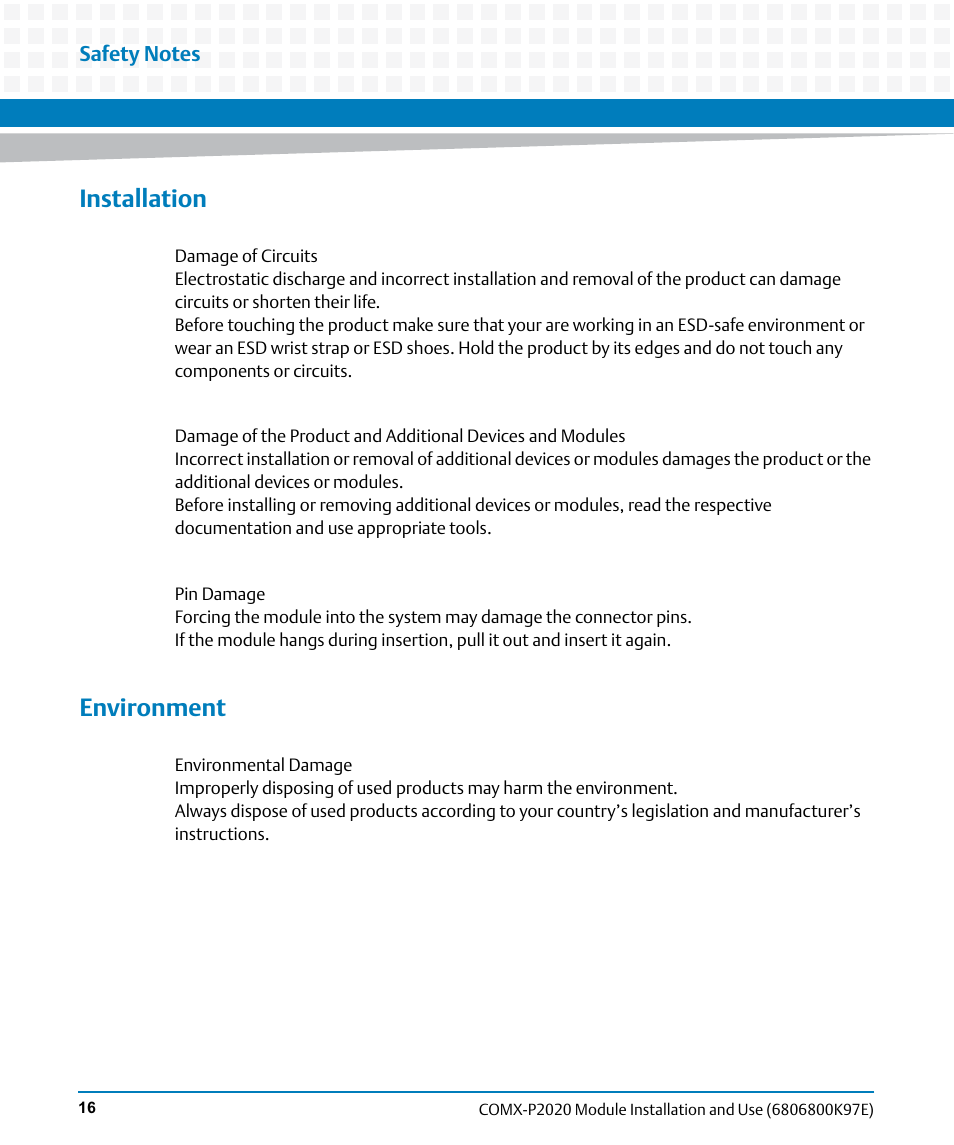 Installation, Environment | Artesyn COMX-P2020 Installation and Use (February 2015) User Manual | Page 16 / 100
