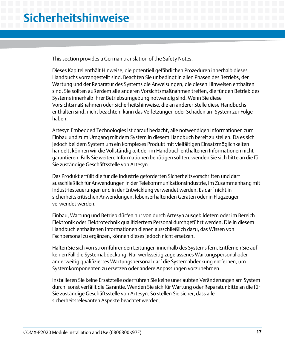 Sicherheitshinweise, Is a ge | Artesyn COMX-P2020 Installation and Use (February 2015) User Manual | Page 17 / 100