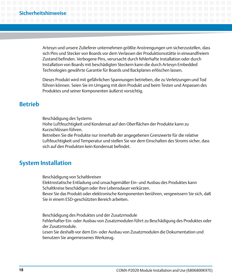 Betrieb, System installation | Artesyn COMX-P2020 Installation and Use (February 2015) User Manual | Page 18 / 100