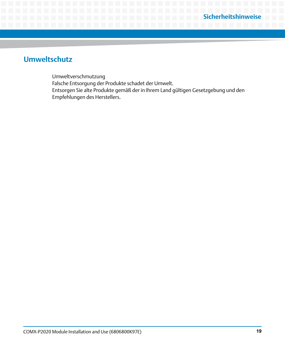 Umweltschutz | Artesyn COMX-P2020 Installation and Use (February 2015) User Manual | Page 19 / 100