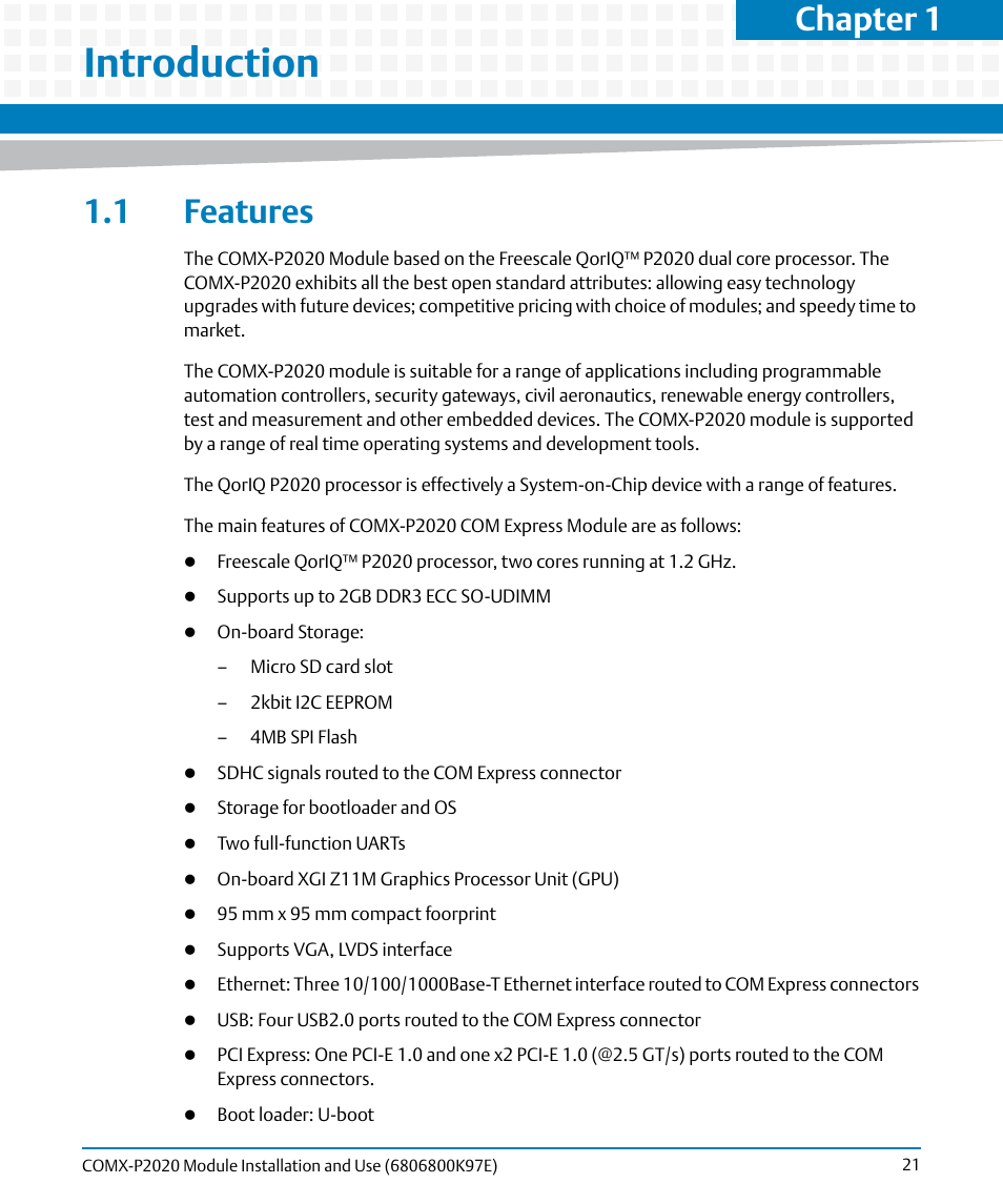 Introduction, 1 features, Chapter 1 | Artesyn COMX-P2020 Installation and Use (February 2015) User Manual | Page 21 / 100