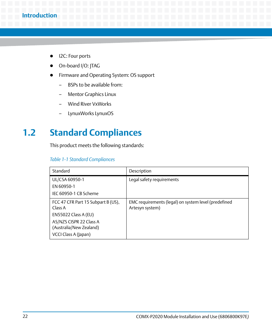 2 standard compliances, Table 1-1, Standard compliances | Introduction | Artesyn COMX-P2020 Installation and Use (February 2015) User Manual | Page 22 / 100