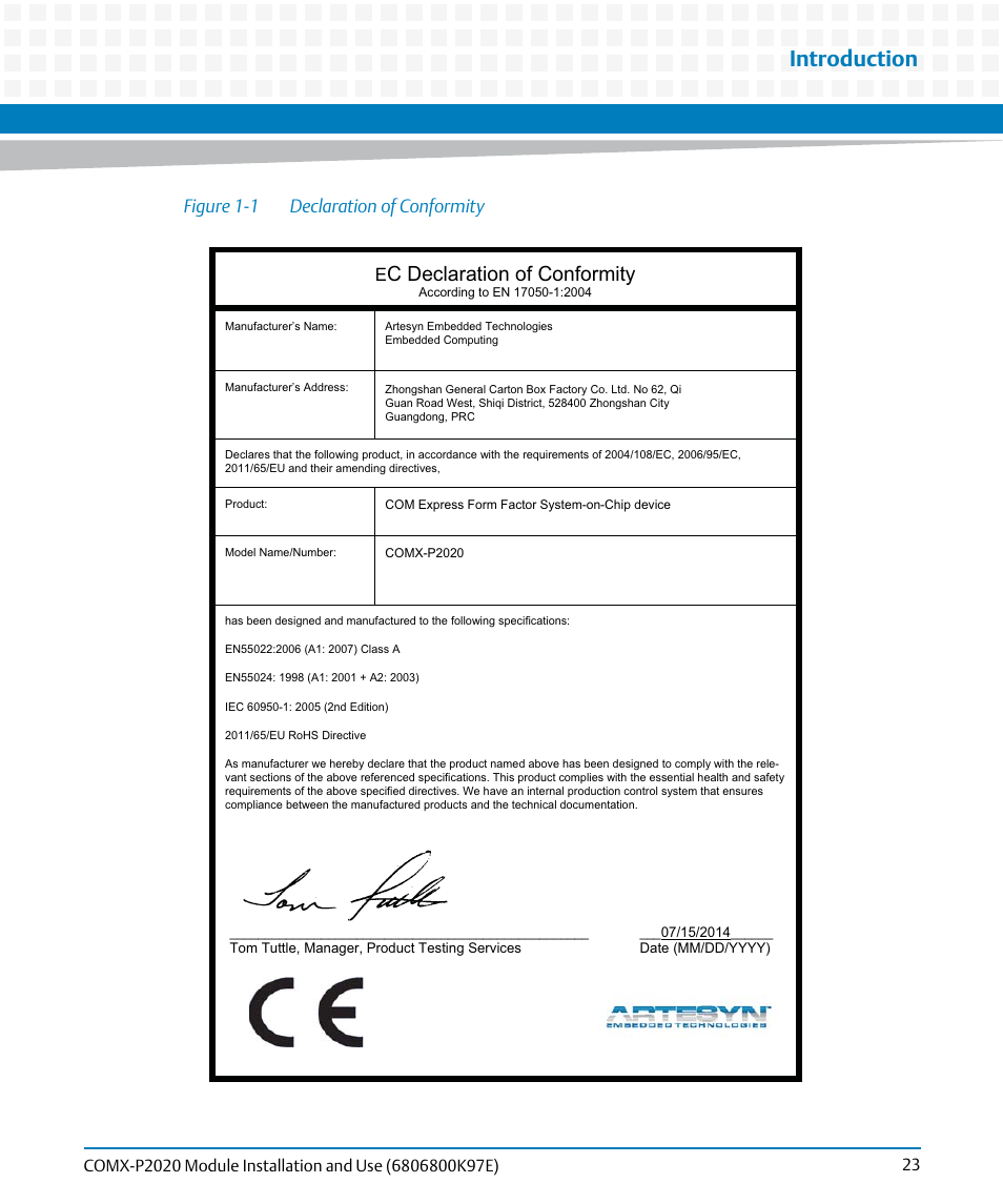 Figure 1-1, Declaration of conformity, Introduction | C declaration of conformity, Figure 1-1 declaration of conformity | Artesyn COMX-P2020 Installation and Use (February 2015) User Manual | Page 23 / 100