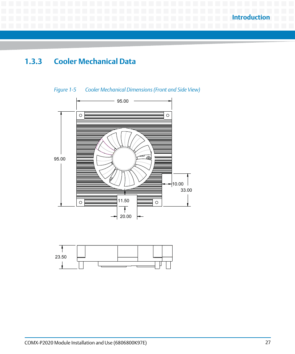 3 cooler mechanical data, Figure 1-5, Cooler mechanical dimensions (front and side view) | Introduction | Artesyn COMX-P2020 Installation and Use (February 2015) User Manual | Page 27 / 100