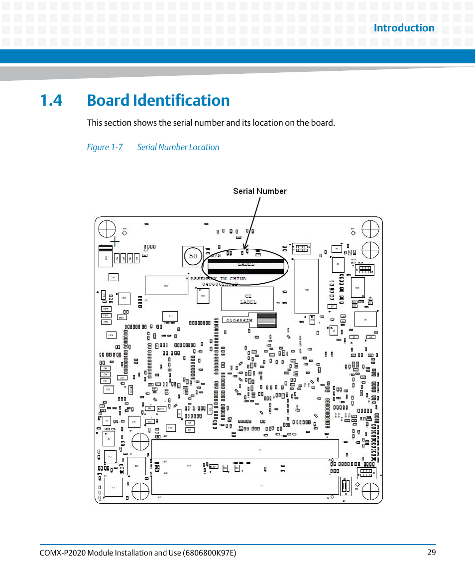 4 board identification, Figure 1-7, Serial number location | Artesyn COMX-P2020 Installation and Use (February 2015) User Manual | Page 29 / 100