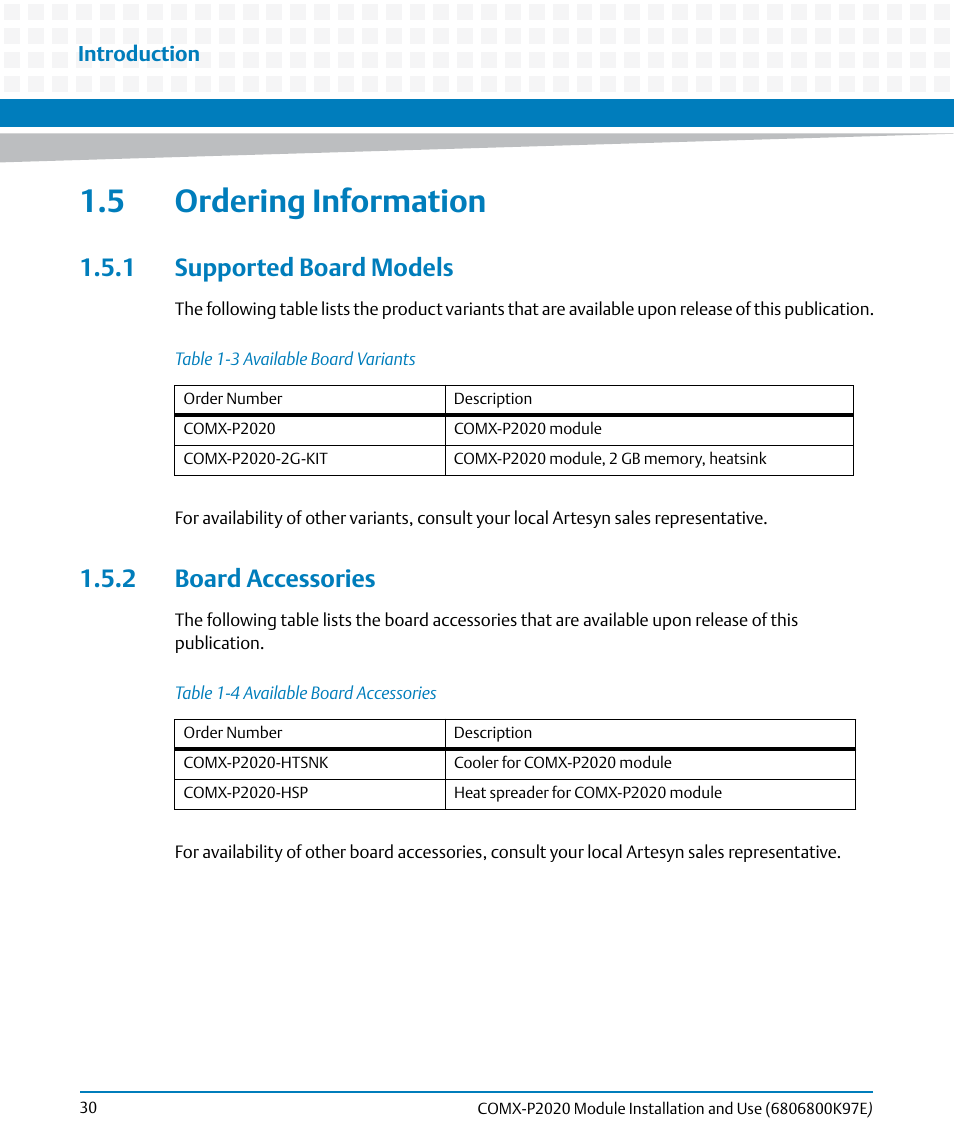 5 ordering information, 1 supported board models, 2 board accessories | 1 supported board models 1.5.2 board accessories, Table 1-3, Available board variants, Table 1-4, Available board accessories | Artesyn COMX-P2020 Installation and Use (February 2015) User Manual | Page 30 / 100