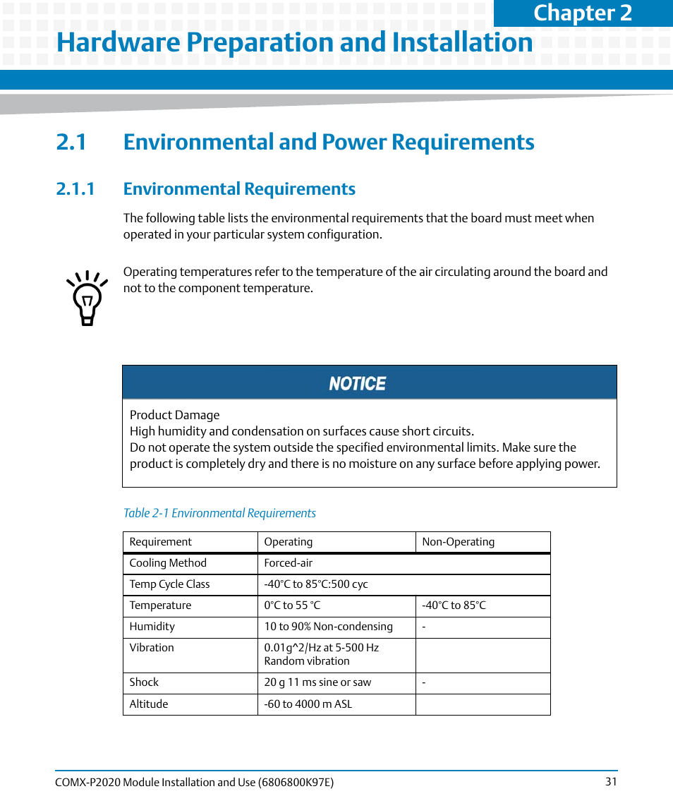 Hardware preparation and installation, 1 environmental and power requirements, 1 environmental requirements | Table 2-1, Environmental requirements, Outline, Chapter 2 | Artesyn COMX-P2020 Installation and Use (February 2015) User Manual | Page 31 / 100