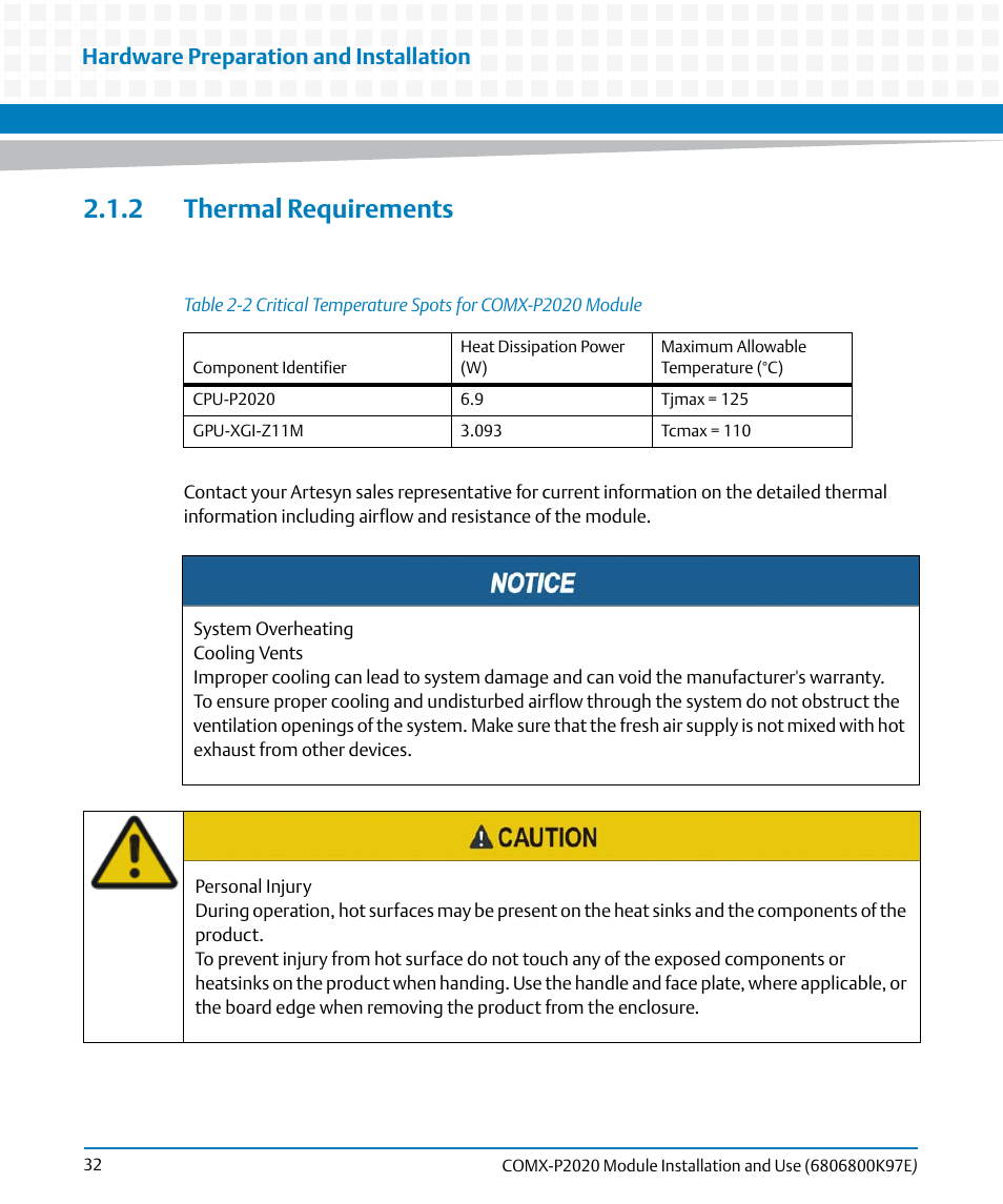 2 thermal requirements, Table 2-2, Critical temperature spots for comx-p2020 module | Hardware preparation and installation | Artesyn COMX-P2020 Installation and Use (February 2015) User Manual | Page 32 / 100