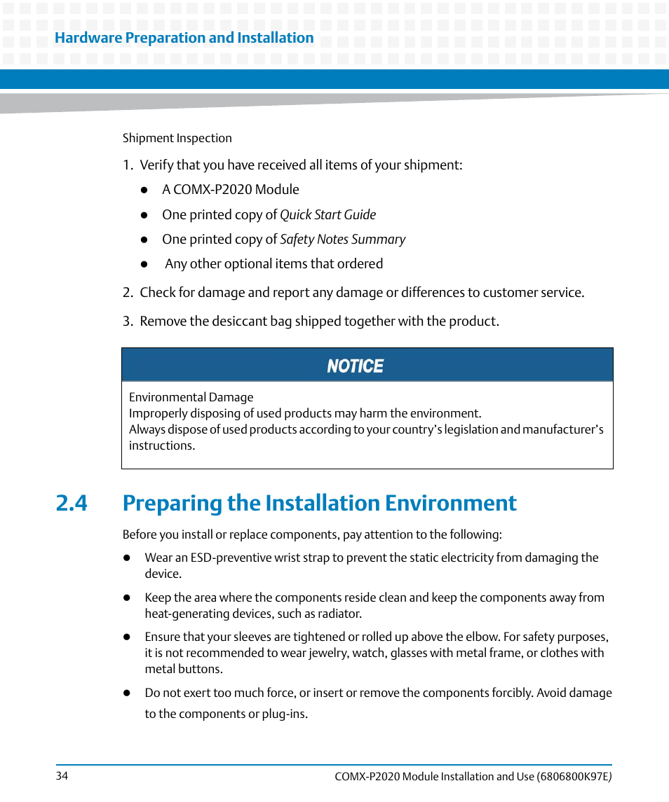 4 preparing the installation environment | Artesyn COMX-P2020 Installation and Use (February 2015) User Manual | Page 34 / 100