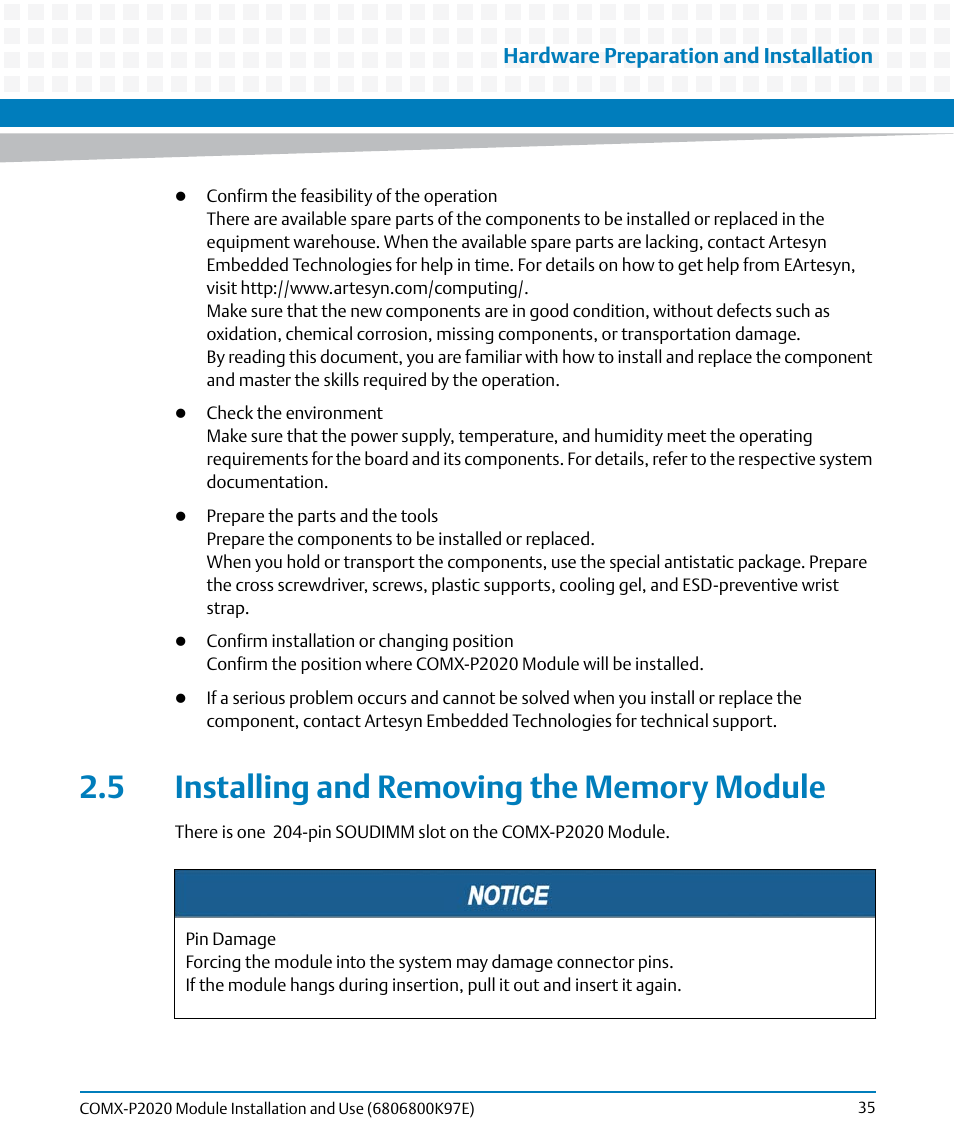 5 installing and removing the memory module | Artesyn COMX-P2020 Installation and Use (February 2015) User Manual | Page 35 / 100