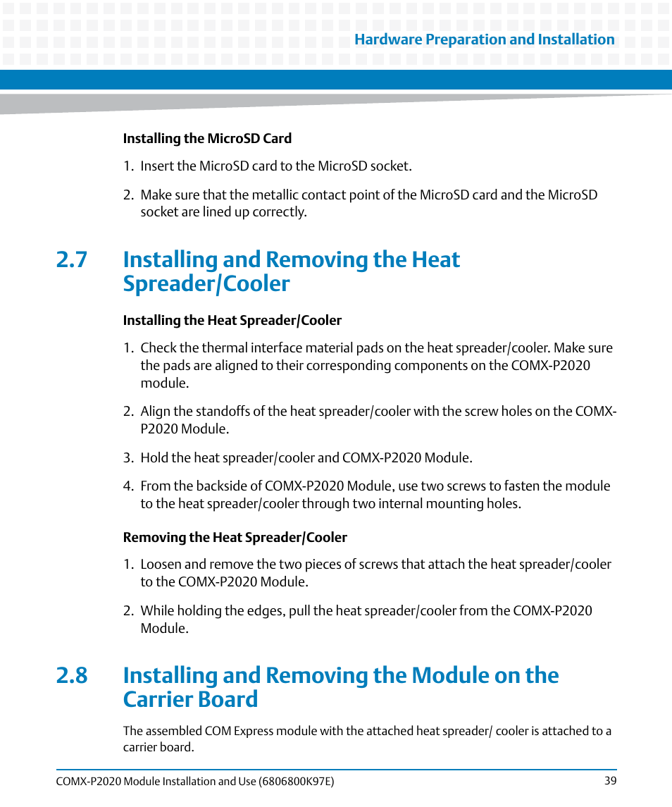 7 installing and removing the heat spreader/cooler | Artesyn COMX-P2020 Installation and Use (February 2015) User Manual | Page 39 / 100