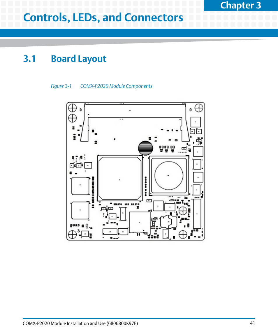 Controls, leds, and connectors, 1 board layout, Figure 3-1 | Comx-p2020 module components, Chapter 3 | Artesyn COMX-P2020 Installation and Use (February 2015) User Manual | Page 41 / 100