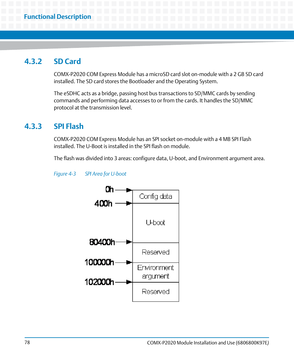 2 sd card, 3 spi flash, 2 sd card 4.3.3 spi flash | Figure 4-3, Spi area for u-boot | Artesyn COMX-P2020 Installation and Use (February 2015) User Manual | Page 78 / 100