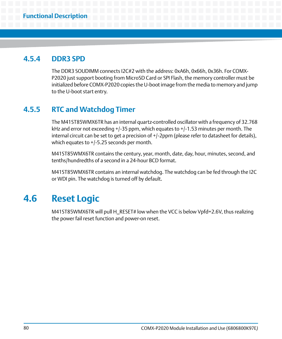 4 ddr3 spd, 5 rtc and watchdog timer, 6 reset logic | 4 ddr3 spd 4.5.5 rtc and watchdog timer | Artesyn COMX-P2020 Installation and Use (February 2015) User Manual | Page 80 / 100