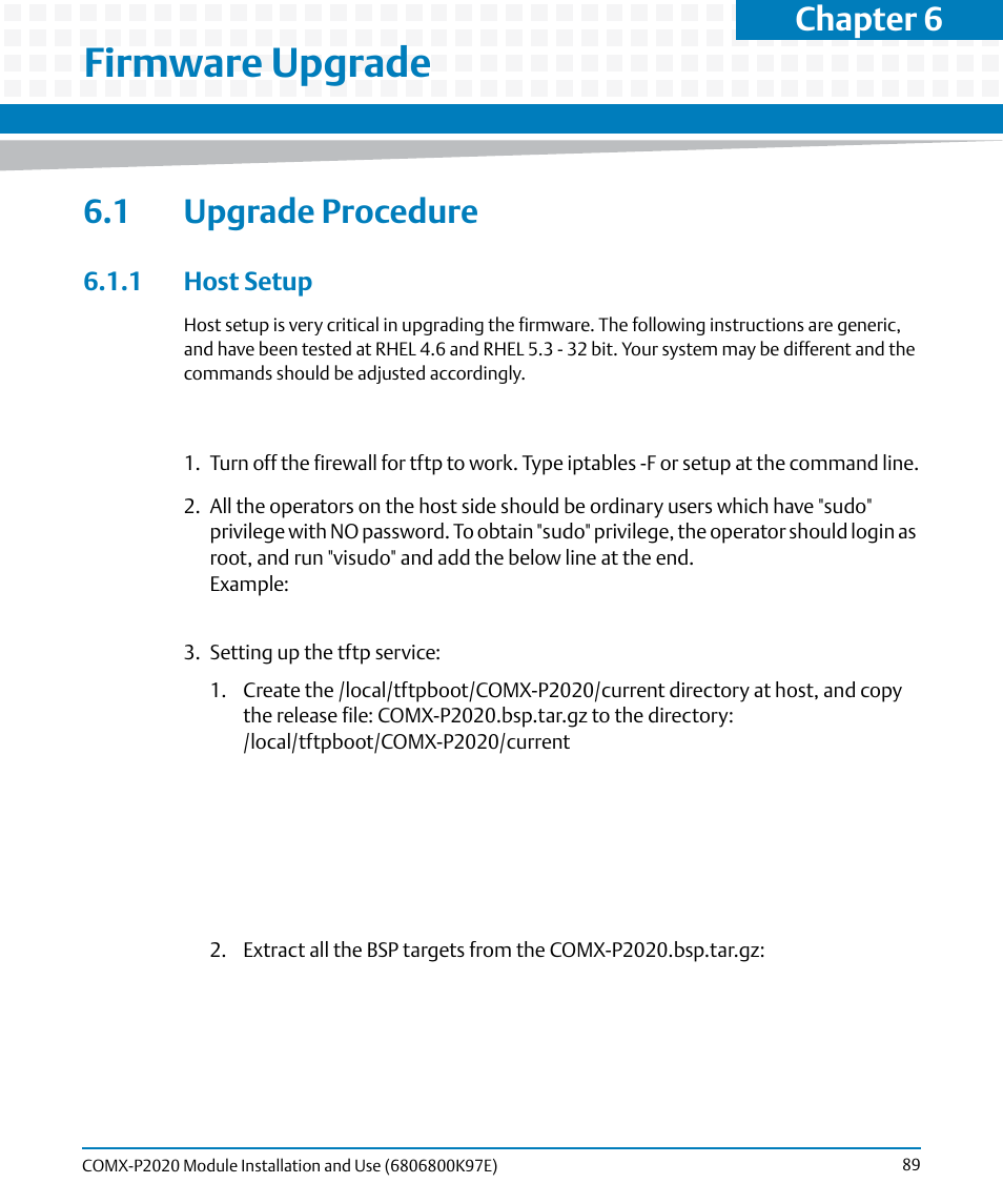 Firmware upgrade, 1 upgrade procedure, 1 host setup | Chapter 6 | Artesyn COMX-P2020 Installation and Use (February 2015) User Manual | Page 89 / 100