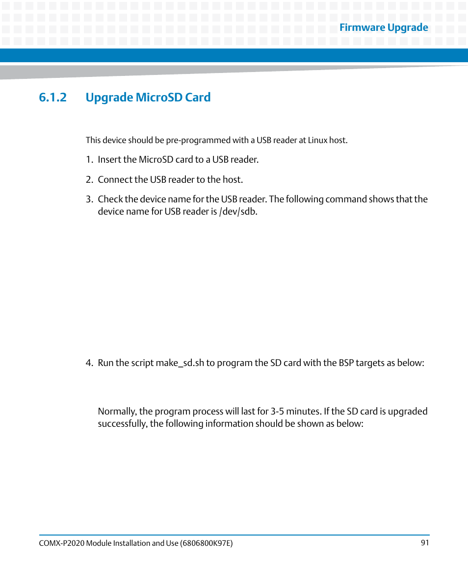 2 upgrade microsd card, Firmware upgrade | Artesyn COMX-P2020 Installation and Use (February 2015) User Manual | Page 91 / 100