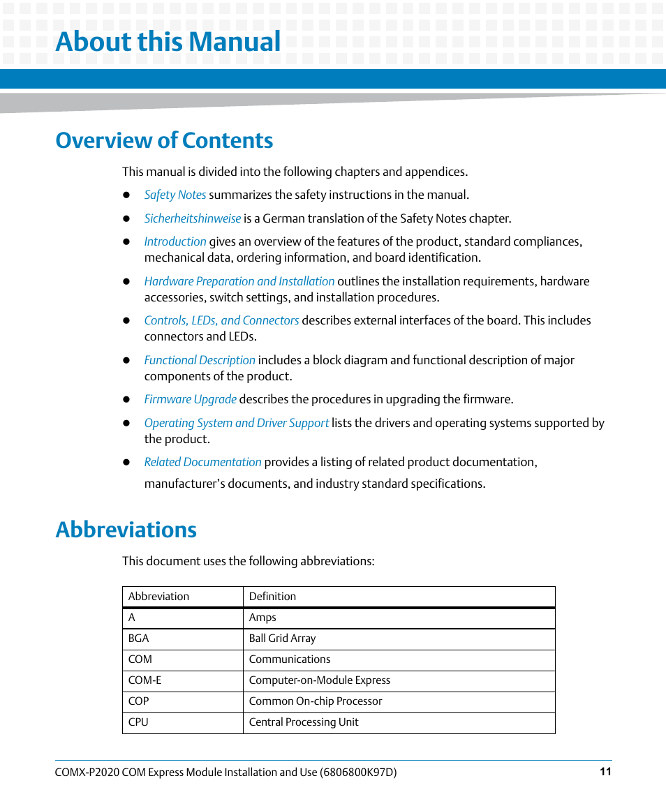 About this manual, Overview of contents, Abbreviations | Artesyn COMX-P2020 Installation and Use (July 2014) User Manual | Page 11 / 100