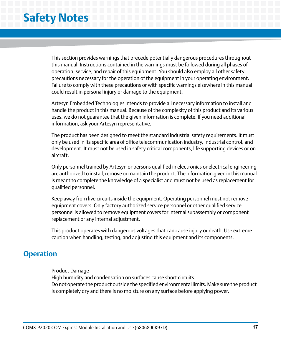 Safety notes, Operation | Artesyn COMX-P2020 Installation and Use (July 2014) User Manual | Page 17 / 100