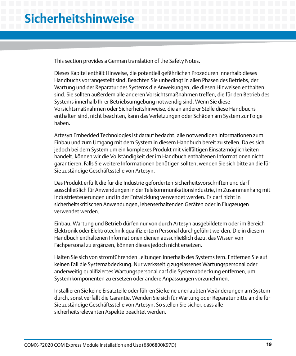 Sicherheitshinweise, Is a ge | Artesyn COMX-P2020 Installation and Use (July 2014) User Manual | Page 19 / 100