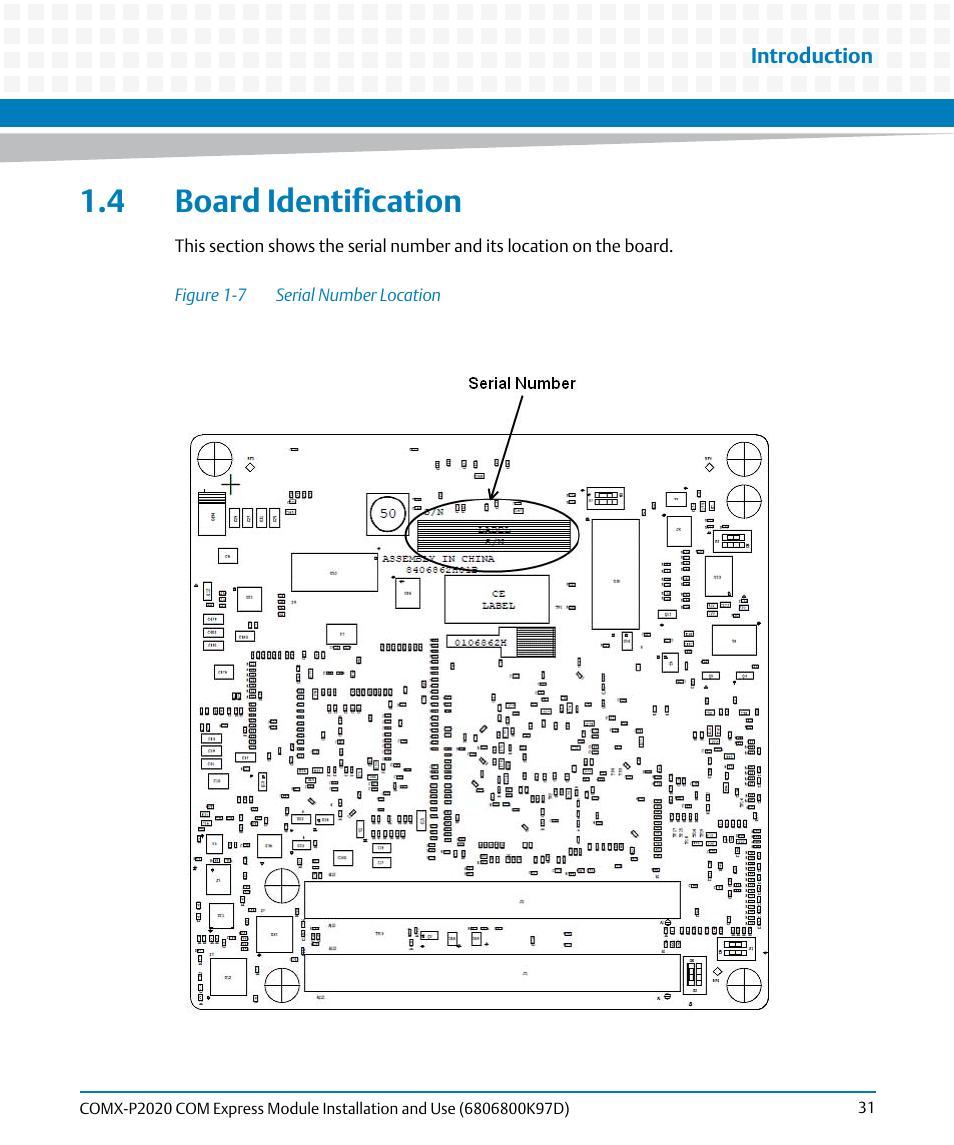 4 board identification, Figure 1-7, Serial number location | Artesyn COMX-P2020 Installation and Use (July 2014) User Manual | Page 31 / 100