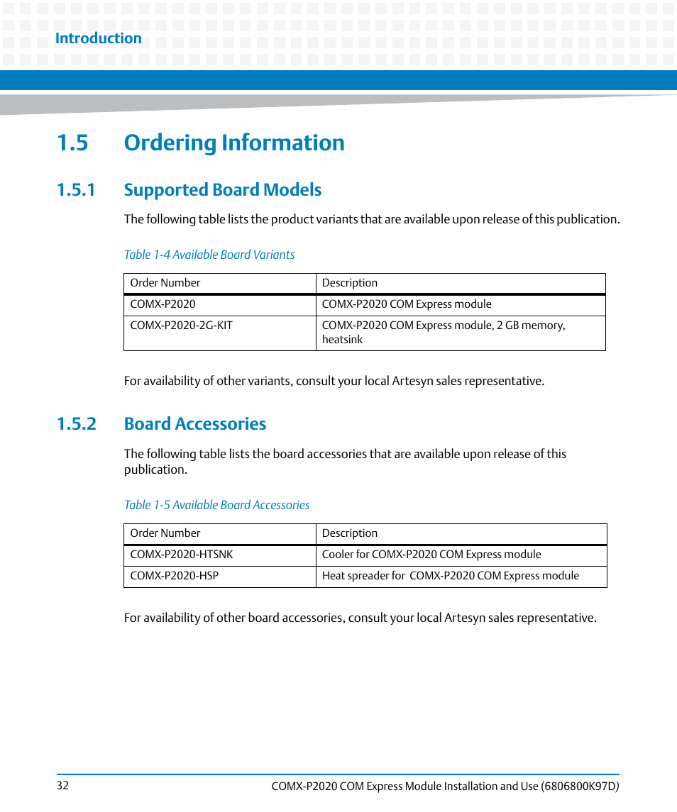 5 ordering information, 1 supported board models, 2 board accessories | 1 supported board models 1.5.2 board accessories, Table 1-4, Available board variants, Table 1-5, Available board accessories | Artesyn COMX-P2020 Installation and Use (July 2014) User Manual | Page 32 / 100