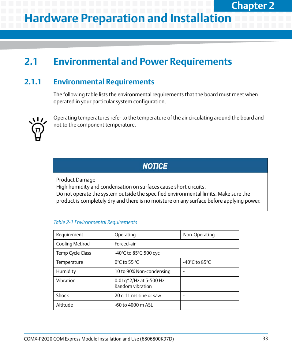 Hardware preparation and installation, 1 environmental and power requirements, 1 environmental requirements | Table 2-1, Environmental requirements, Outline, Chapter 2 | Artesyn COMX-P2020 Installation and Use (July 2014) User Manual | Page 33 / 100