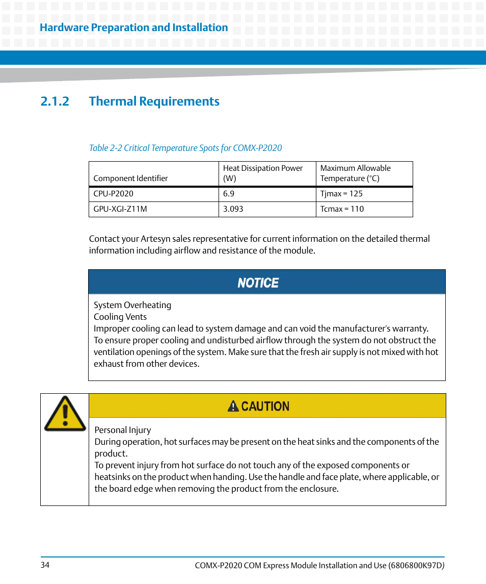 2 thermal requirements, Table 2-2, Critical temperature spots for comx-p2020 | Hardware preparation and installation | Artesyn COMX-P2020 Installation and Use (July 2014) User Manual | Page 34 / 100
