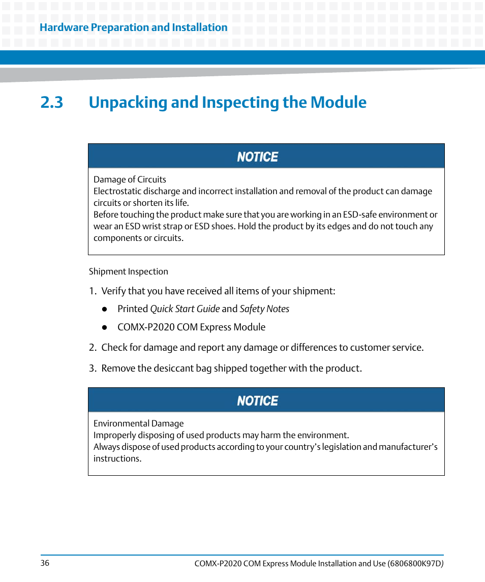 3 unpacking and inspecting the module | Artesyn COMX-P2020 Installation and Use (July 2014) User Manual | Page 36 / 100