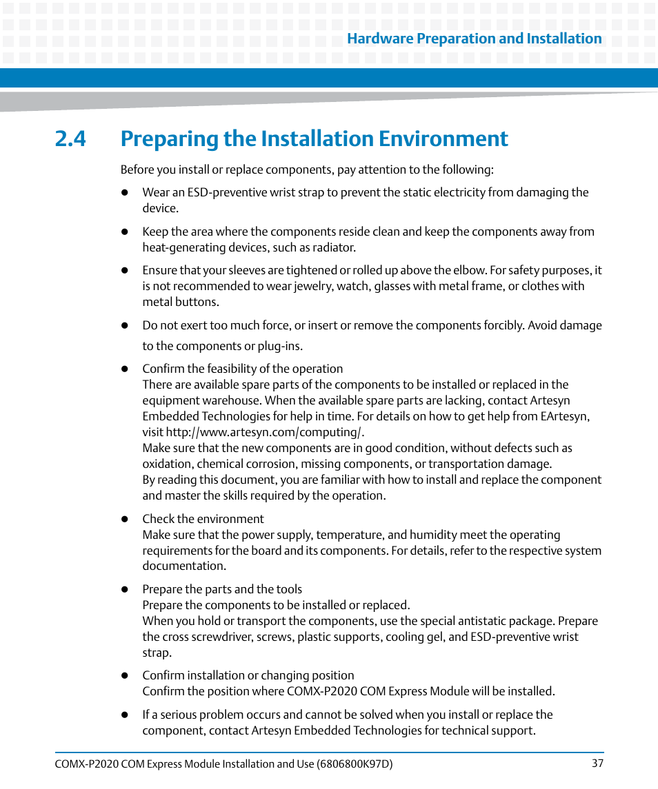 4 preparing the installation environment, Hardware preparation and installation | Artesyn COMX-P2020 Installation and Use (July 2014) User Manual | Page 37 / 100