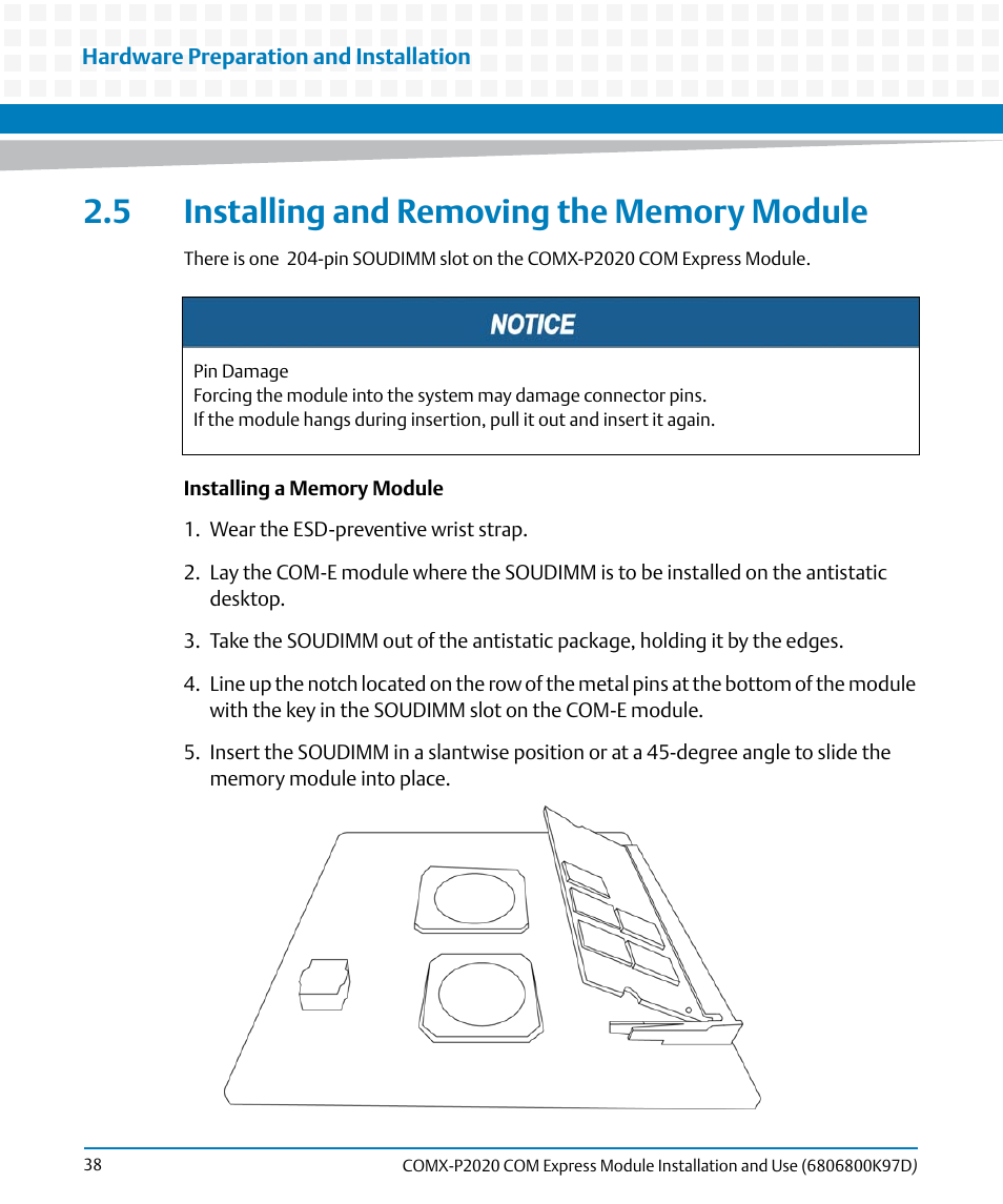 5 installing and removing the memory module | Artesyn COMX-P2020 Installation and Use (July 2014) User Manual | Page 38 / 100