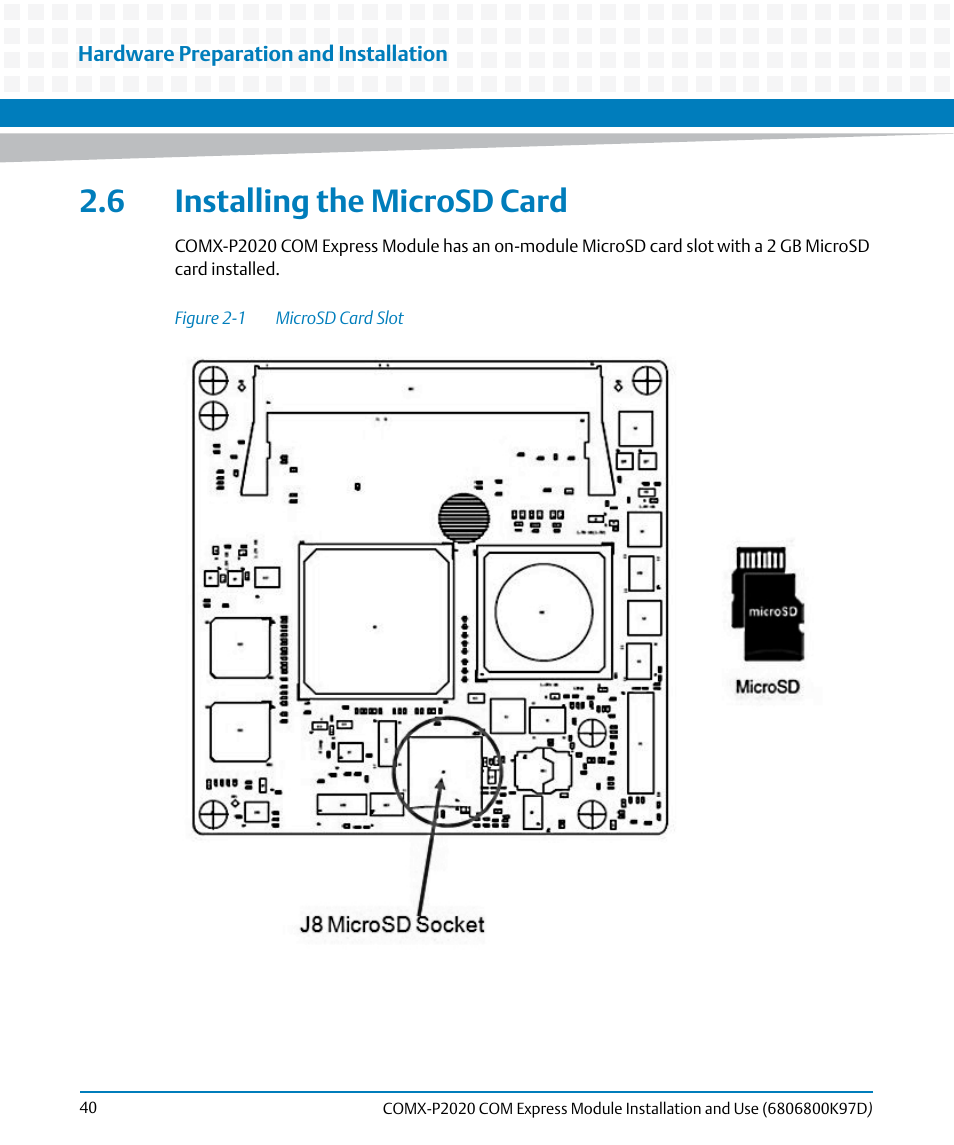 6 installing the microsd card, Figure 2-1, Microsd card slot | Artesyn COMX-P2020 Installation and Use (July 2014) User Manual | Page 40 / 100