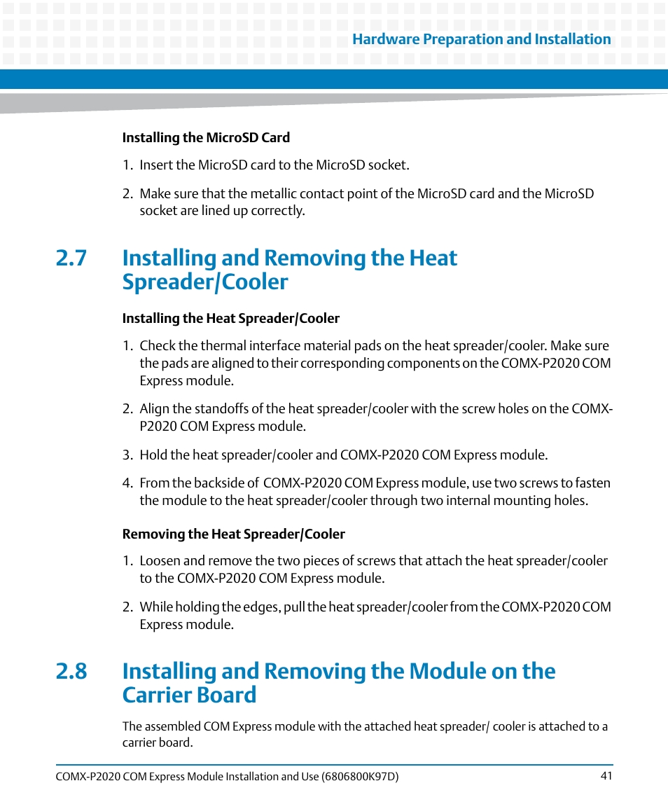 7 installing and removing the heat spreader/cooler | Artesyn COMX-P2020 Installation and Use (July 2014) User Manual | Page 41 / 100