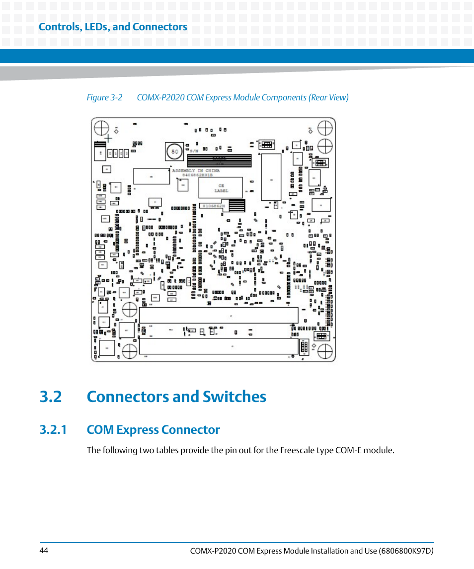 2 connectors and switches, 1 com express connector, Figure 3-2 | Artesyn COMX-P2020 Installation and Use (July 2014) User Manual | Page 44 / 100