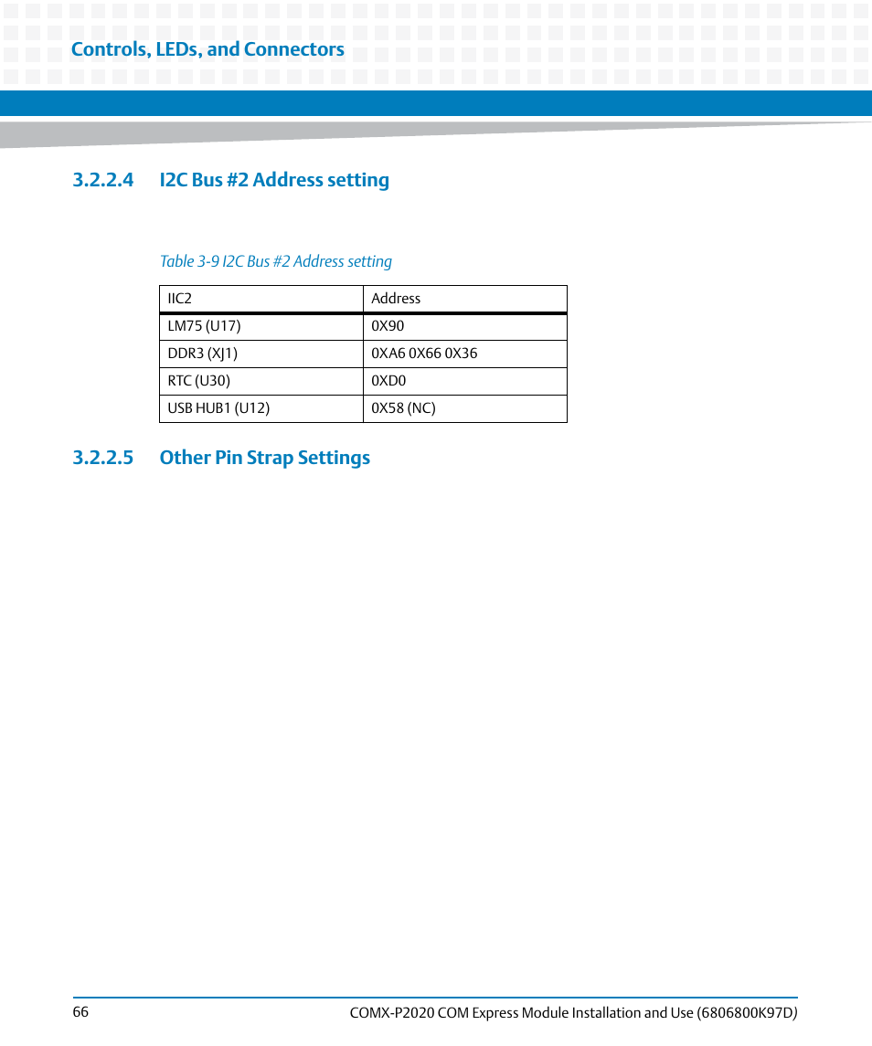 4 i2c bus #2 address setting, 5 other pin strap settings, Table 3-9 | I2c bus #2 address setting, Controls, leds, and connectors | Artesyn COMX-P2020 Installation and Use (July 2014) User Manual | Page 66 / 100