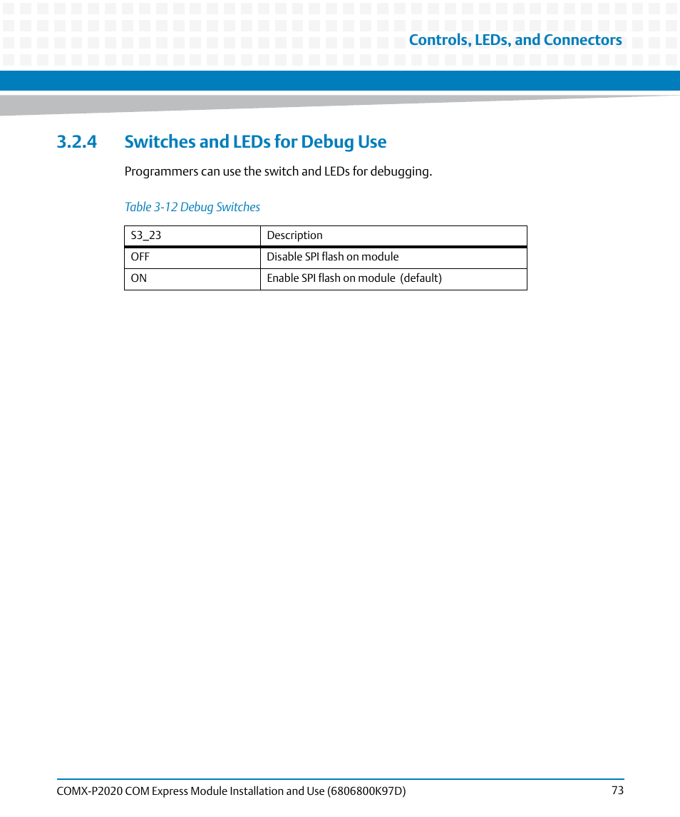 4 switches and leds for debug use, Table 3-12, Debug switches | Controls, leds, and connectors | Artesyn COMX-P2020 Installation and Use (July 2014) User Manual | Page 73 / 100